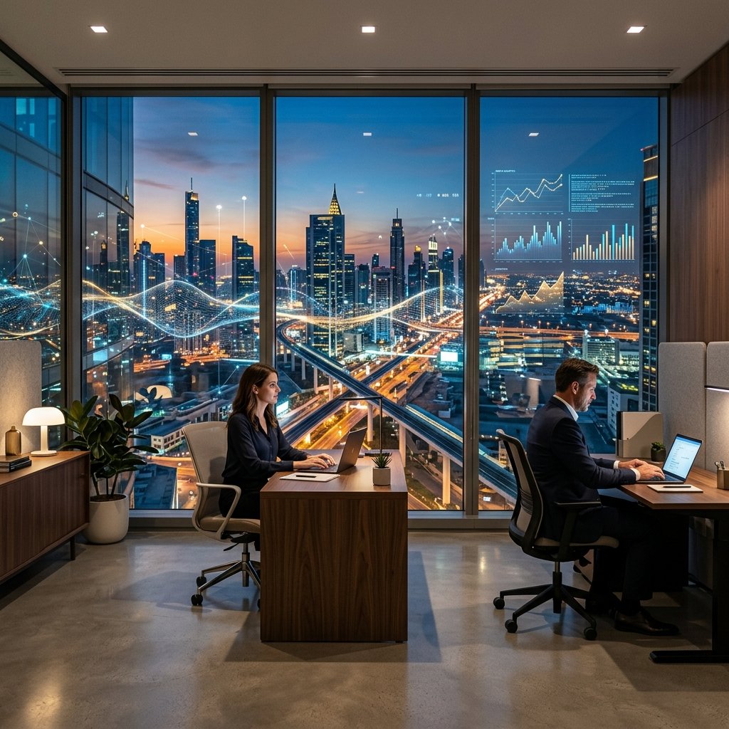 Modern Corporate Office overlooking Futuristic Smart City